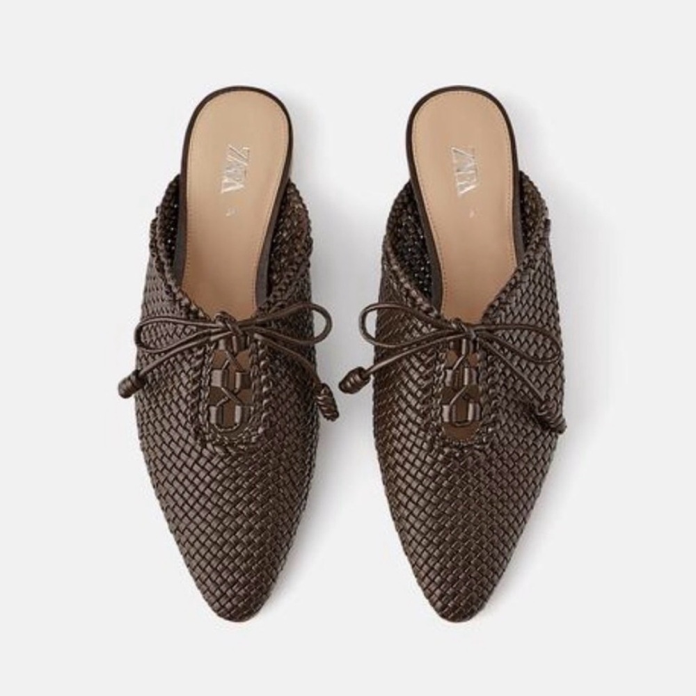 ZARA BRAIDED WOVEN FLAT MULES BROWN TIE BOW SLIDES SANDALS 38 BASKET WEAVE